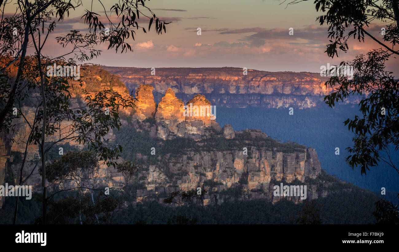 Three Sisters, at Katoomba, in the Blue Mountains, Australia. Captured at sunset. Stock Photo