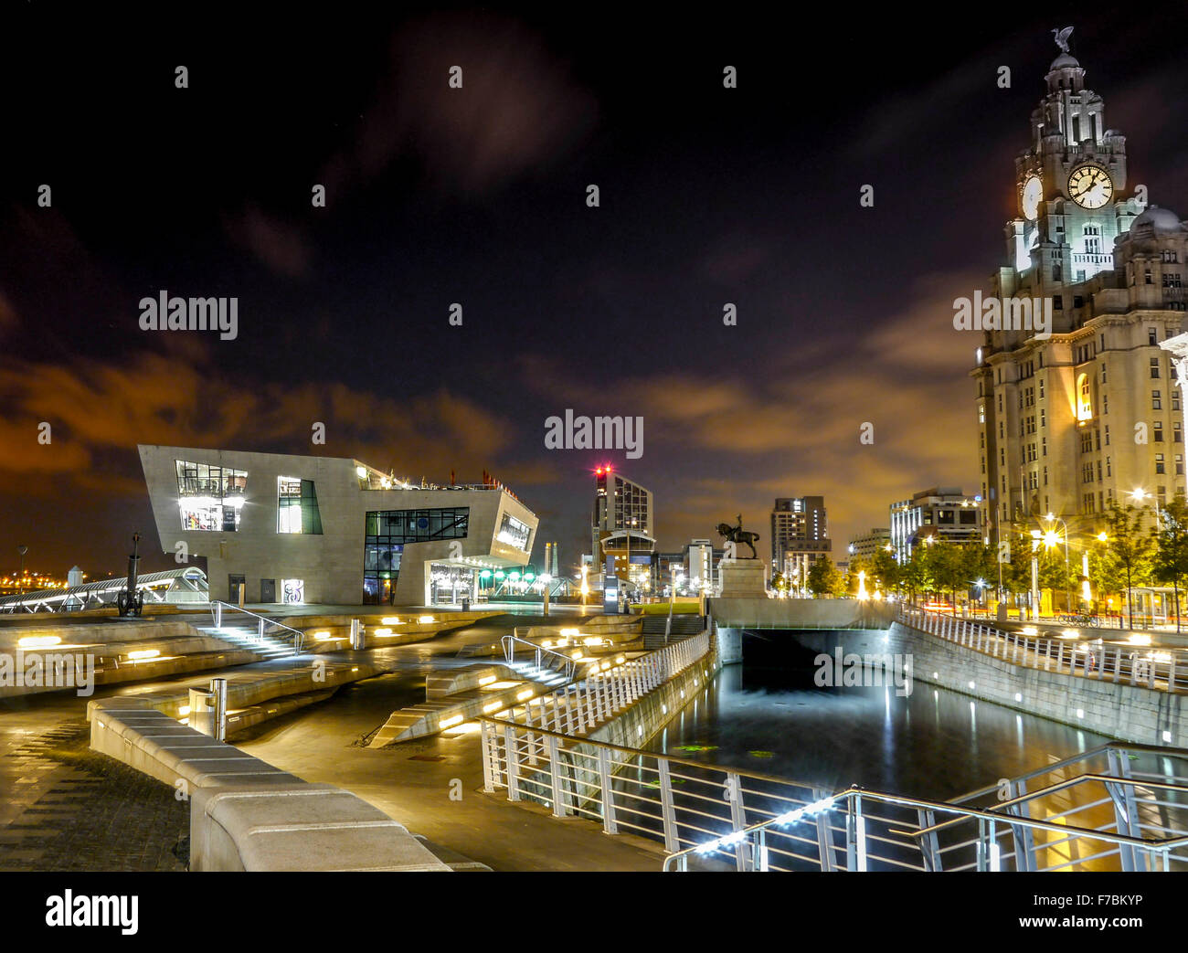 Liverpool's Royal Liver Building at night, Pier Head, Merseyside, England, United Kingdom, Stock Photo