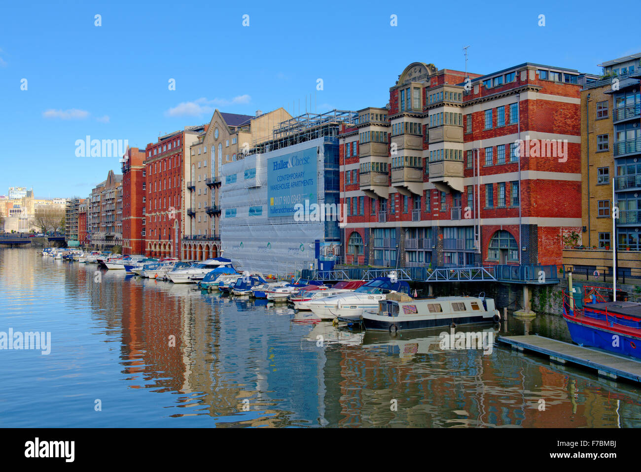 Bristol floating harbour with new apartments converted out of old warehouses along Redcliff Backs, central Bristol, UK Stock Photo