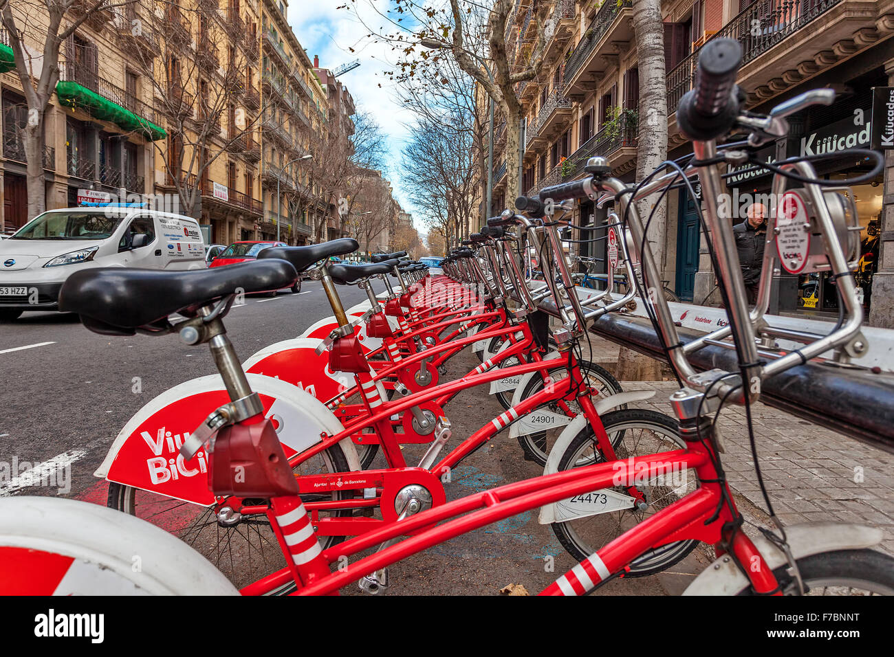 Bicing bicycles sharing station on the street of Barcelona. Stock Photo