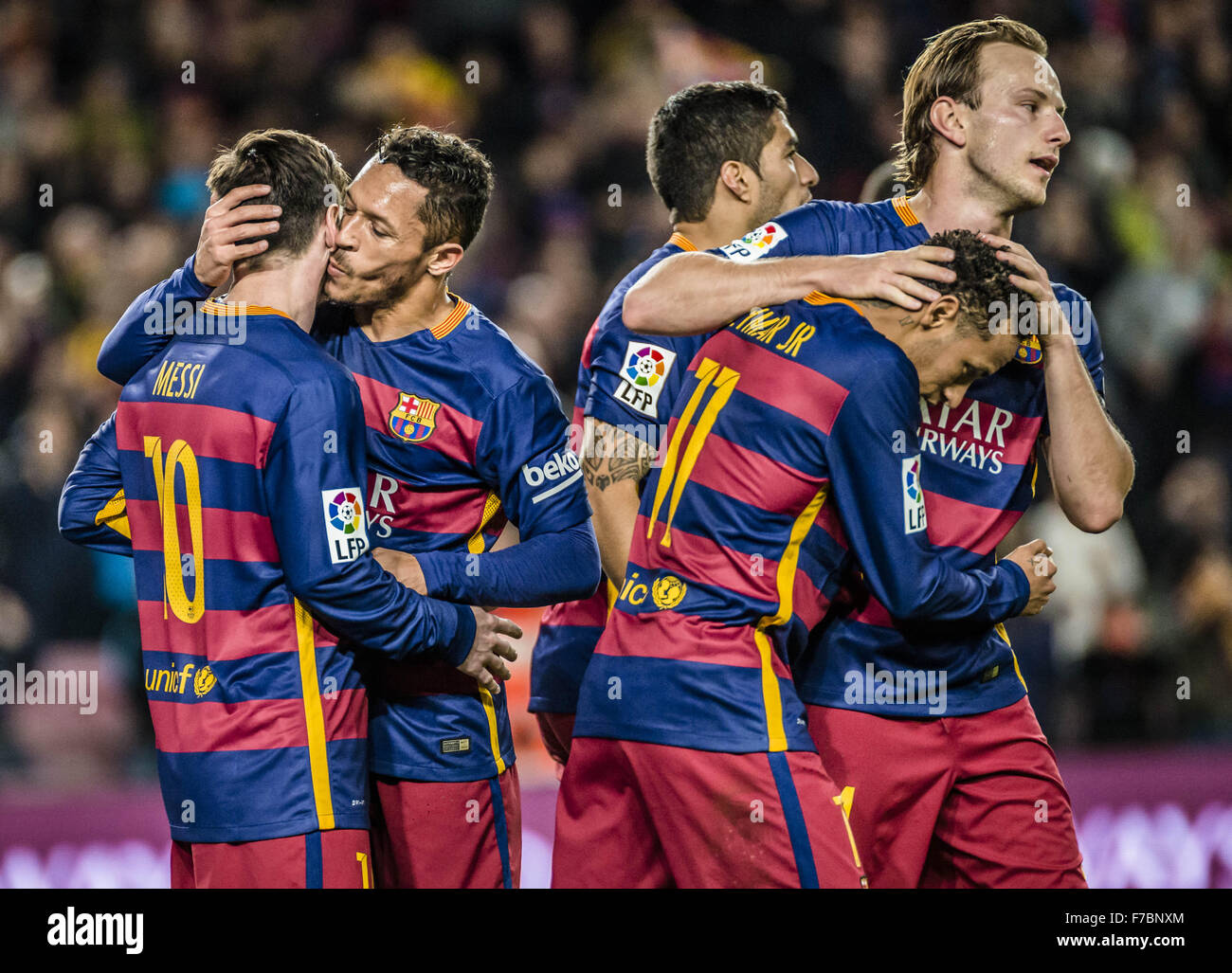 Barcelona, Catalonia, Spain. 28th Nov, 2015. FC Barcelona's forward MESSI celebrates his goal with teammates during the league match against Real Sociedad at the Camp Nou stadium in Barcelonas Credit:  Matthias Oesterle/ZUMA Wire/Alamy Live News Stock Photo