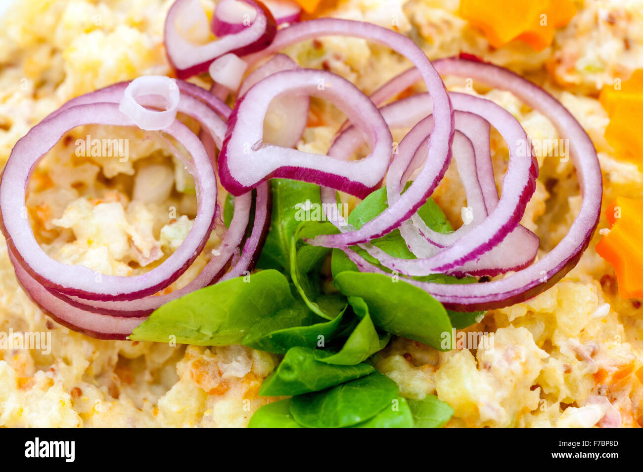 Potato salad garnished with onion rings Traditional Czech dish for