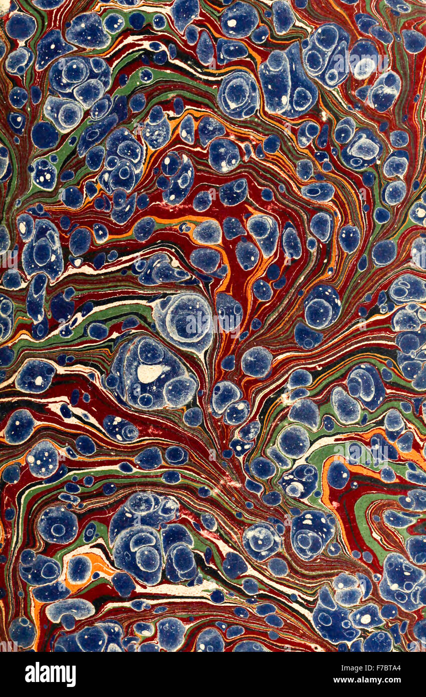 Hand marbled pastedown or endpaper from 18th century book binding. See
