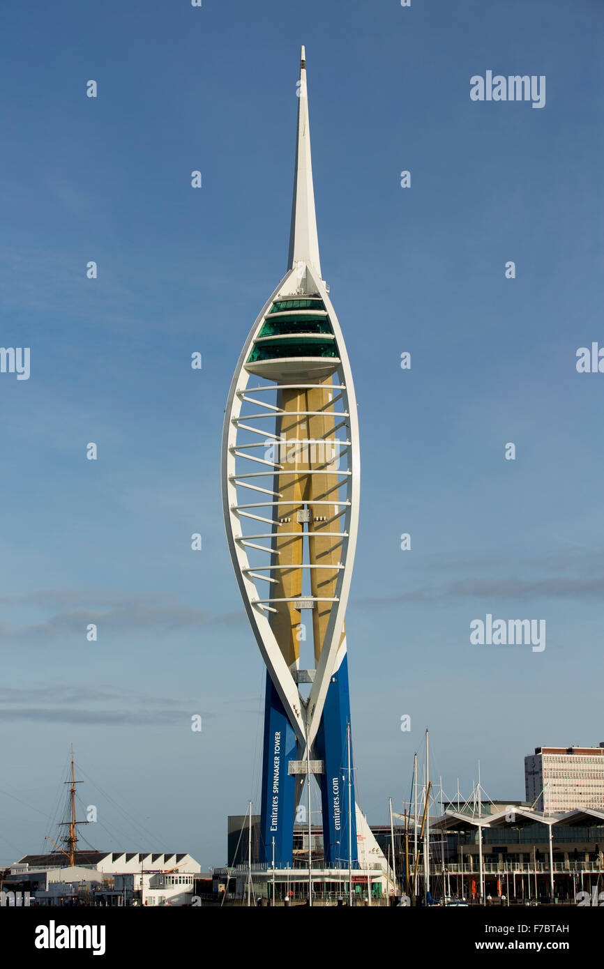 Spinnaker tower in Portsmouth re-branded as the Emirates tower. Tower with new colors. Local landmark built  to mark millennium. Stock Photo
