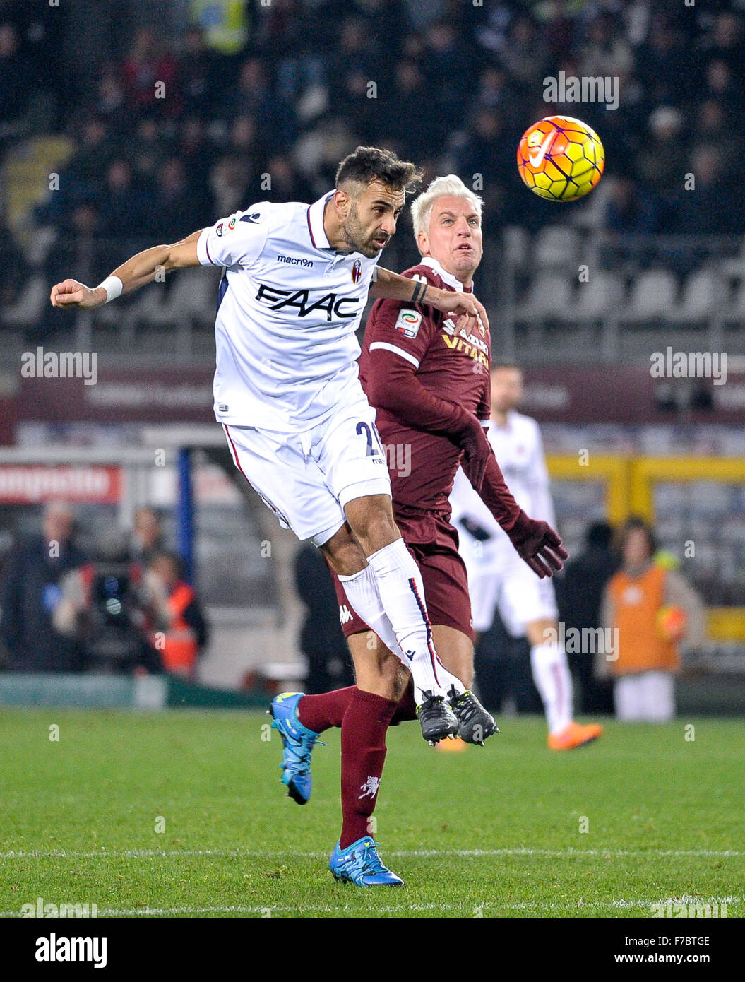 Domenico Maietta (left) and Maxi Lopez fight for the ball during the Serie A match between Torino FC and Bologna FC. (Photo by Nicolò Campo / Pacific Press) Stock Photo