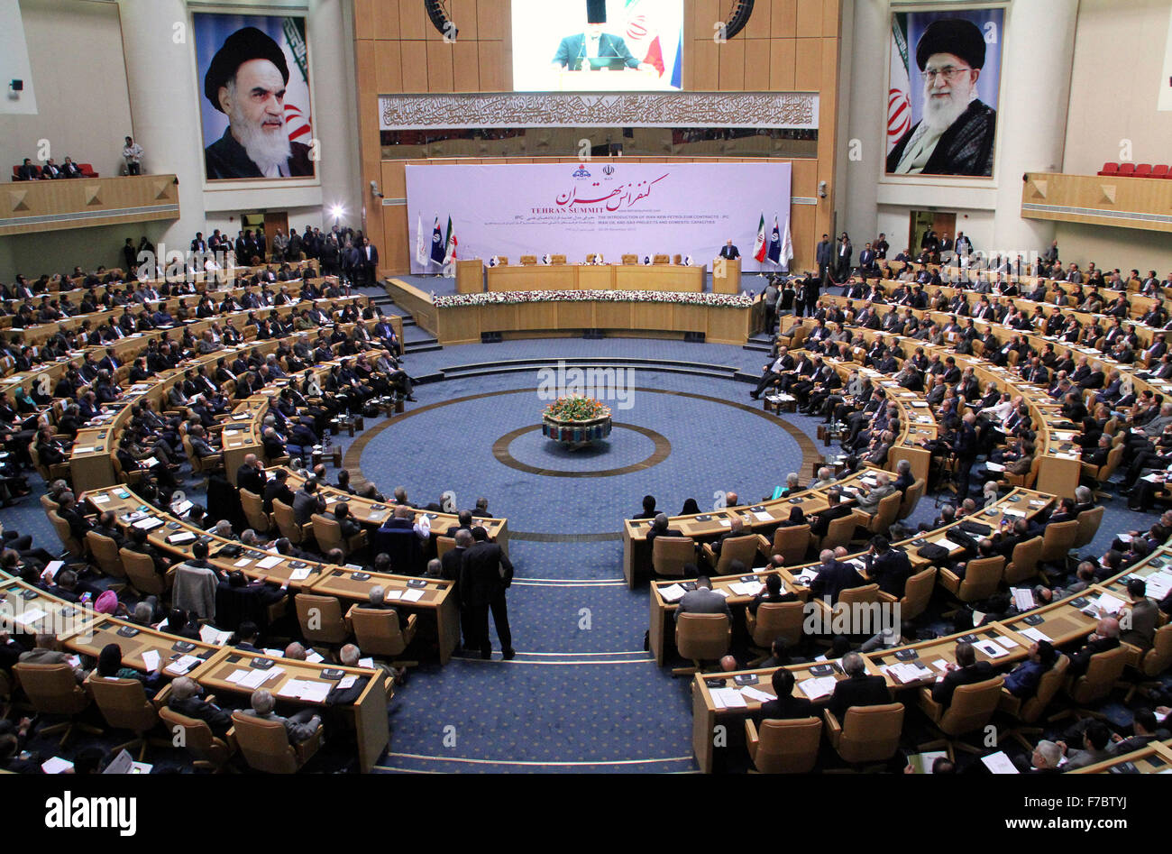 Tehran, Iran. 28th Nov, 2015. Delegations are seen in the Tehran conference in Tehran, capital of Iran, Nov. 28, 2015. Iran's Oil Ministry unveiled a new model of oil contracts here on Saturday to attract foreign investments in oil sector in the post-sanction era. The newly developed model of oil contracts, dubbed as Iran Petroleum Contract (IPC), are designed to help the country attract finance from Asian and European investors, Iranian Oil Minister Bijan Namdar Zanganeh said in a conference. Credit:  Ahmad Halabisaz/Xinhua/Alamy Live News Stock Photo