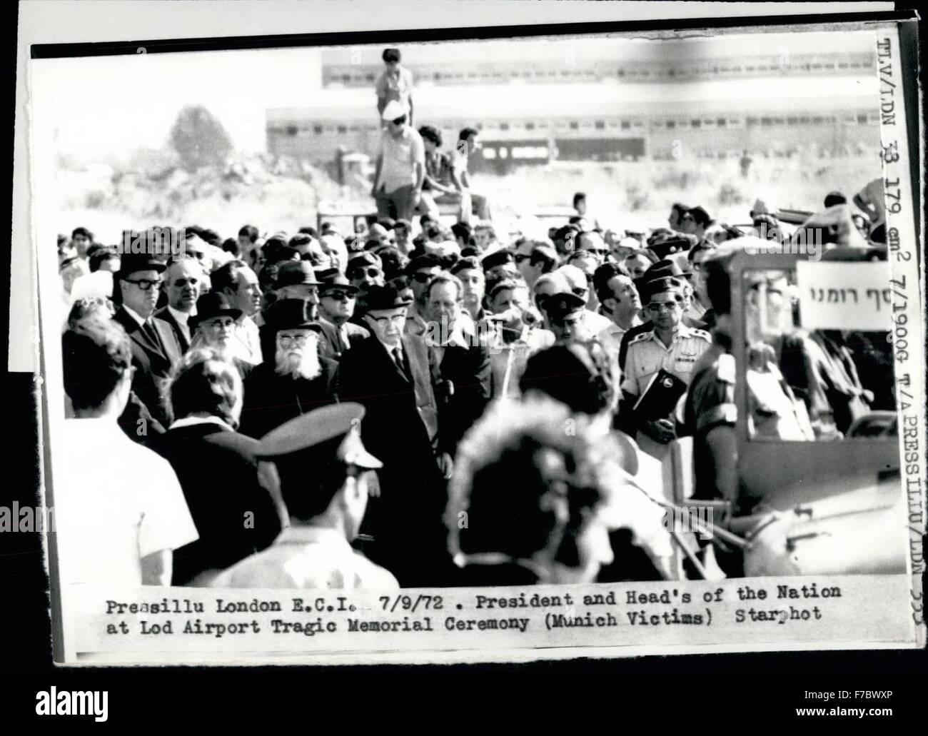 1972 - Bodies Of Victims Of Olympic Massacre Flown Home To Israeli: Photo Shows:- The President of Israel and other officials, pictured at Lydda Airport where a service was held after the arrival from Munich of the bodies of the victims of 10 Israeli victims of the Munich Olympic massacre. President and Head's of the Nation at Lod Airport Tragic Memorial Ceremony (Munich Victims) © Keystone Pictures USA/ZUMAPRESS.com/Alamy Live News Stock Photo
