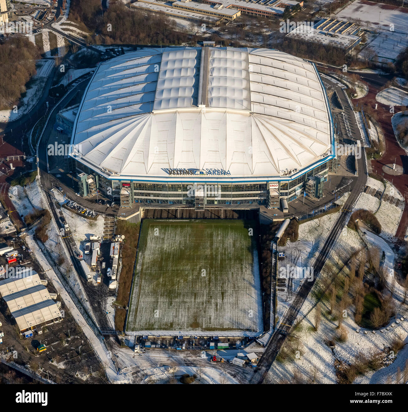 Veltins Arena in the winter, snow, Schalke Stadium, S04, Bundesliga club, Gelsenkirchen, Ruhr Area, North Rhine-Westphalia, Stock Photo