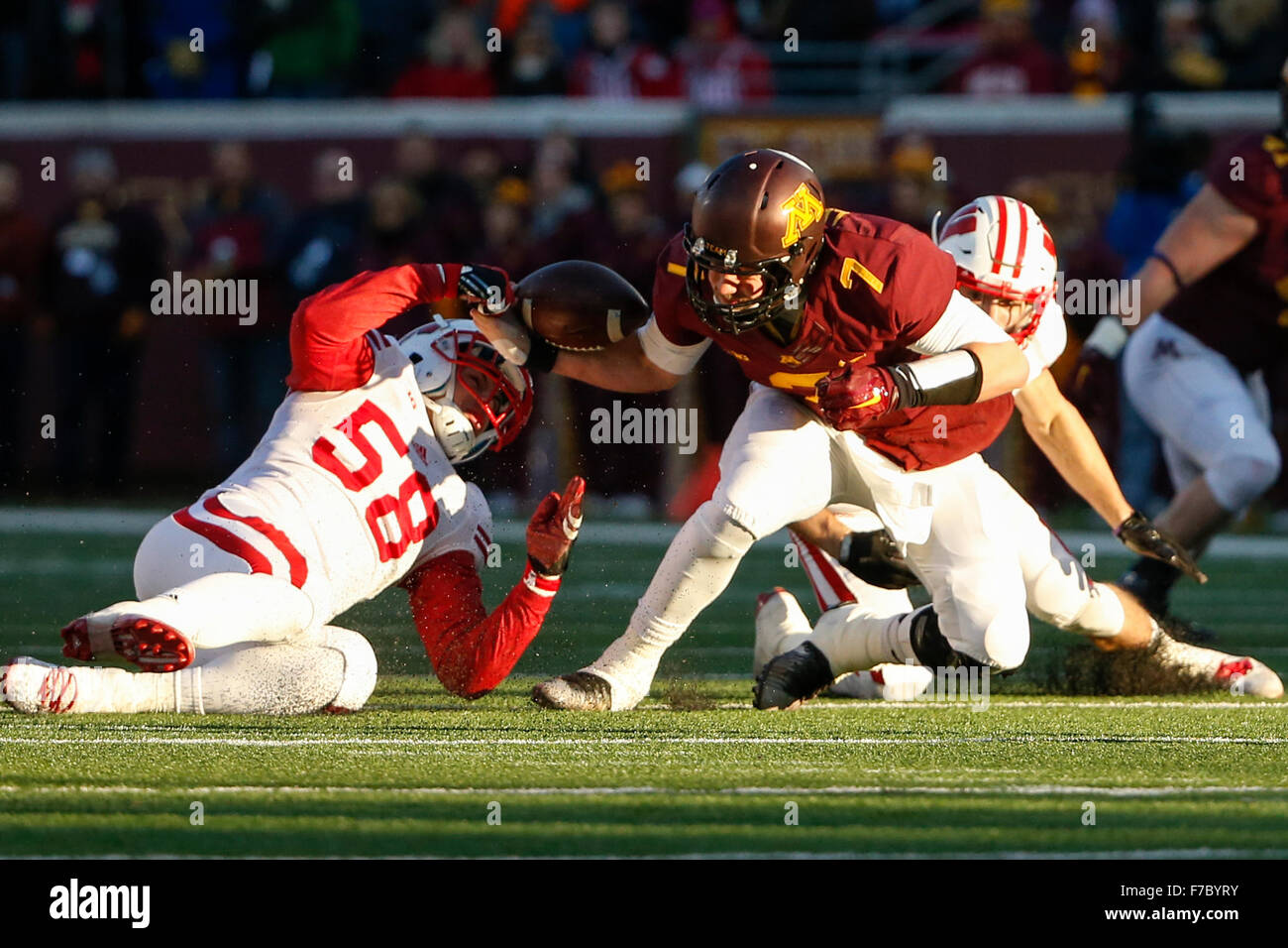 November 28, 2015 Minnesota Golden Gophers quarterback Mitch Leidner (7) fumbles the ball
