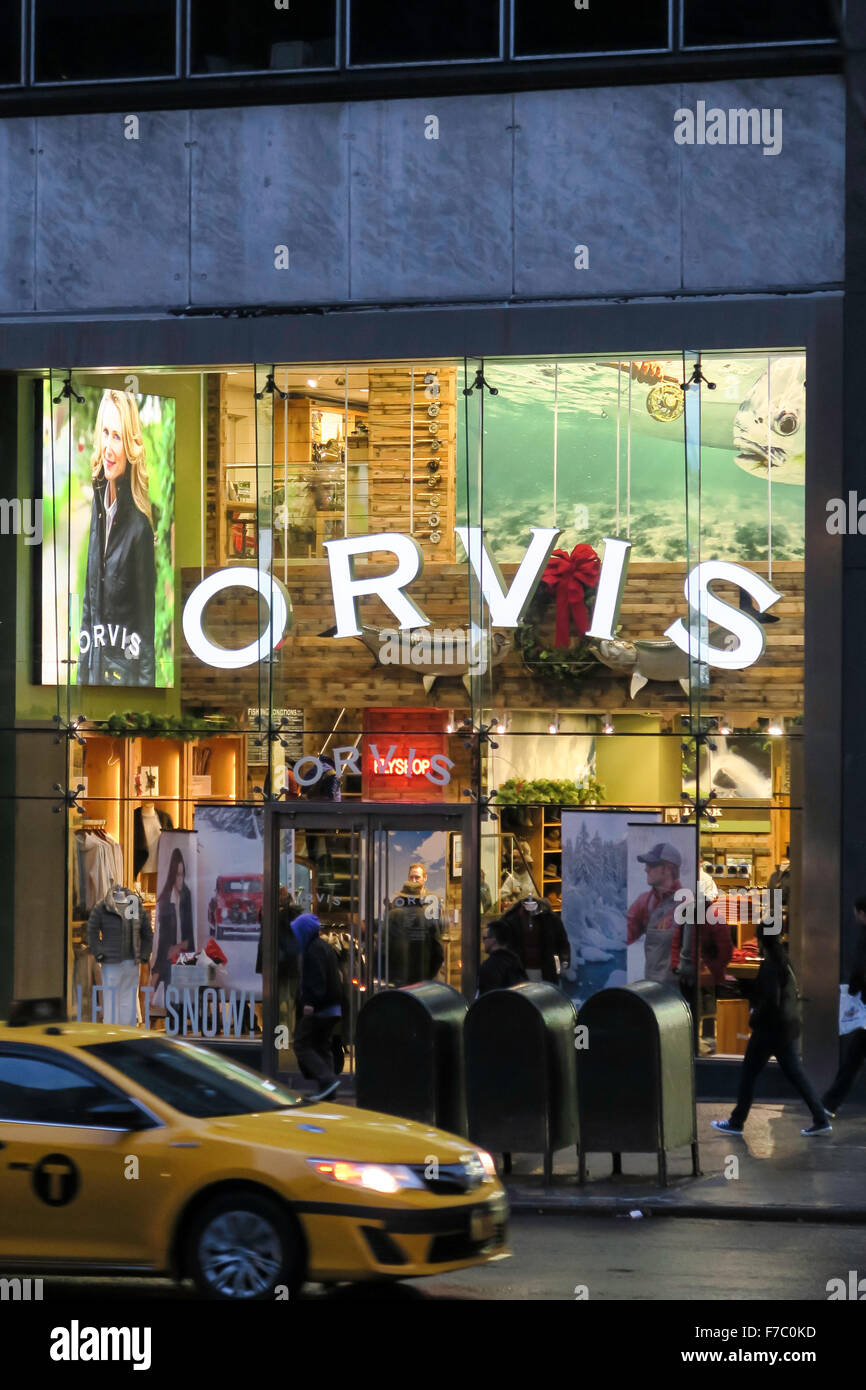 Orvis Fifth Avenue Holiday Storefront at Night, NYC Stock Photo