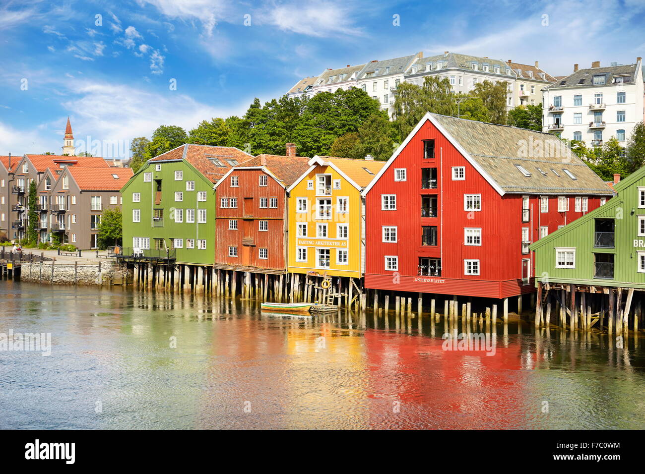 Colorful historic stilt houses in Trondheim, Norway Stock Photo