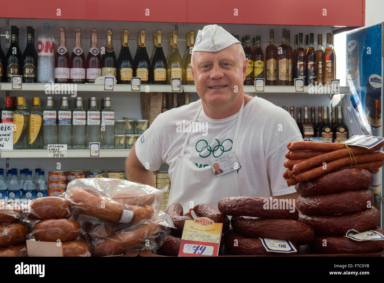 Man Selling Saussages, Piata Centrala Market, Chisinau Stock Photo