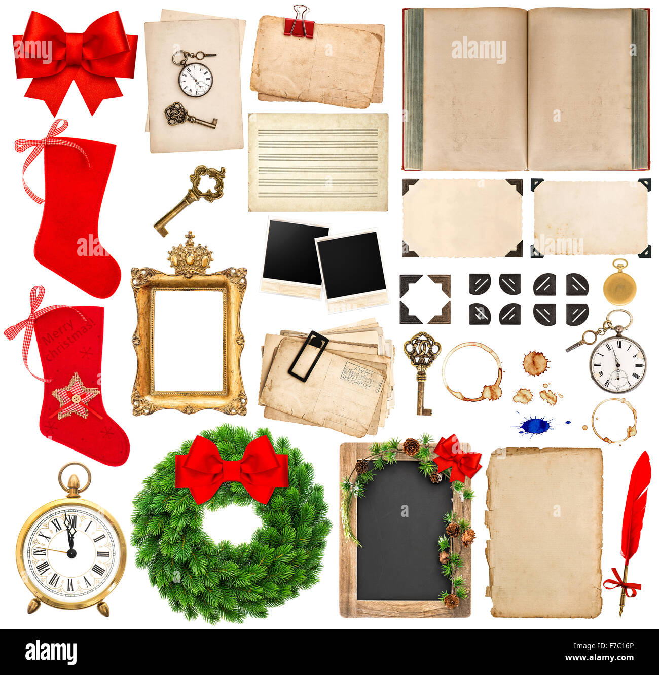 Christmas holidays scrapbooking elements. photo frames and corners, old  book pages, paper sheets, ribbon, red stocking isolated Stock Photo - Alamy