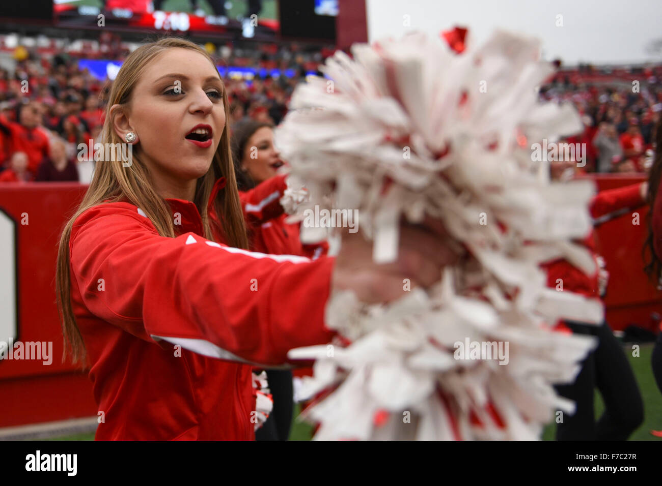Piscataway, NJ, USA. 28th Nov, 2015. A Rutgers Scarlet Knights cheerleader performs during the game between The Maryland Terrapins and Rutgers Scarlet Knights at Highpoint Solutions Stadium in Piscataway, NJ. Mandatory Credit: Kostas Lymperopoulos/CSM, © csm/Alamy Live News Stock Photo