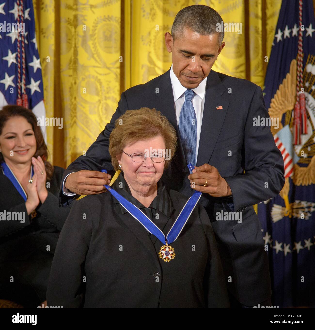 U.S. President Barack Obama presents Sen. Barbara Mikulski with the Presidential Medal of Freedom during a ceremony in the East Room of the White House November 24, 2015 in Washington, DC. Stock Photo