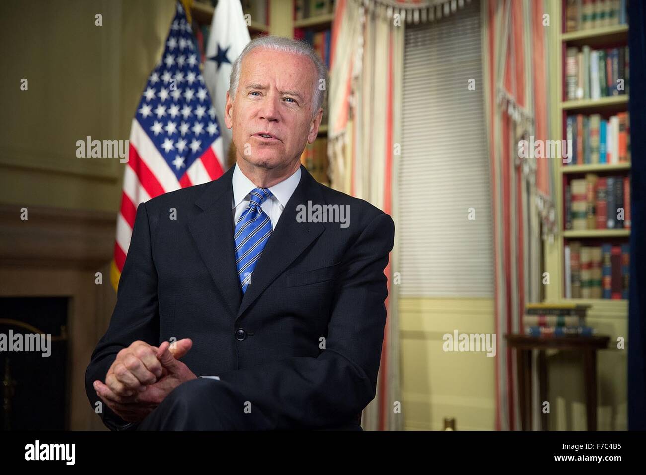 U.S. Vice President Joe Biden delivers the Presidents weekly radio address of the White House November 21, 2015 in Washington, DC. Stock Photo