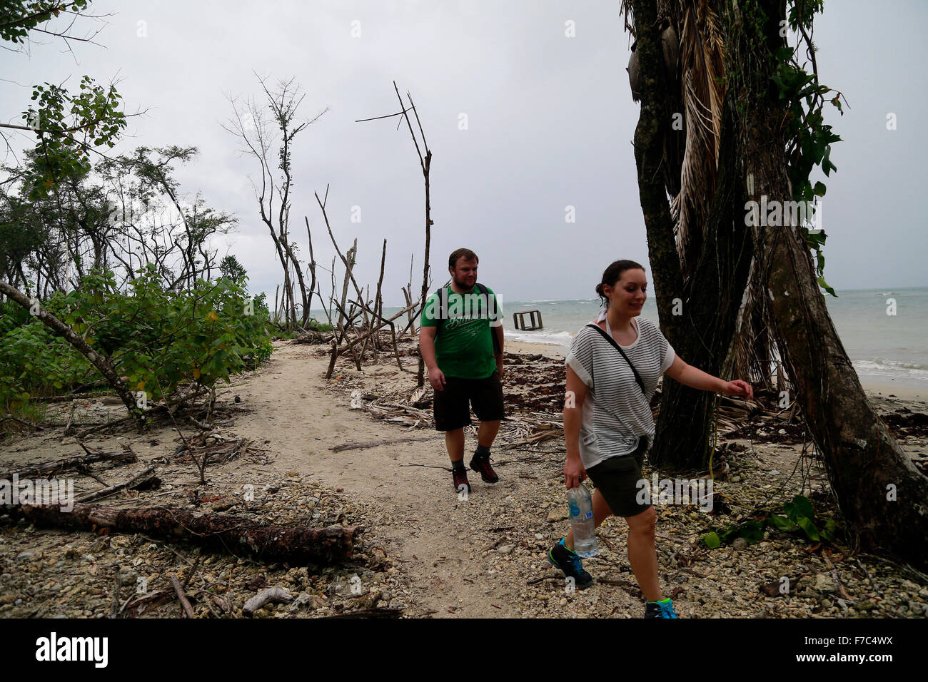 (151129) -- LIMON, Nov. 29, 2015 (Xinhua) -- Image taken on Nov. 24, 2015 shows foreign tourists walking among dead trees on a beach of Cahuita National Park, in Limon Province, southern Costa Rica. According to the ranger Cristian Brenes, rising sea levels and strong waves due to climate change have removed nearly 50 meters of beach along the coast of Cahuita National Park. The case of Cahuita National Park is not the only one in Costa Rica, which has 1,290km of coastline. More than 40 percent of Costa Rican beaches have erosion, a process that has accelerated in the last 10 years, according Stock Photo