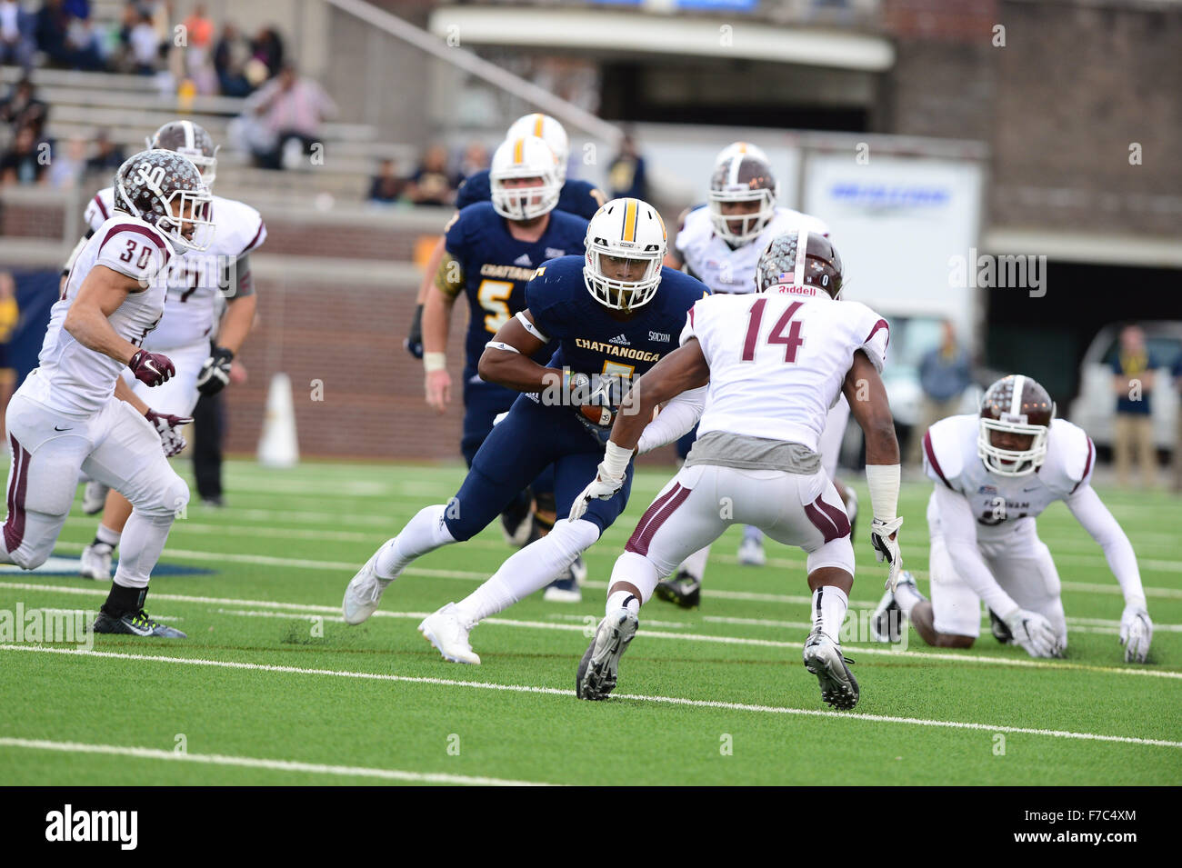 Chattanooga, Tennessee, USA. 28th Nov, 2015. Chattanooga Mocs wide receiver Bingo Morton (5) during the NCAA football game between the University of Chattanooga and Fordham at Finley Stadium in Chattanooga, Tennessee. Gary Fain/CSM/Alamy Live News Stock Photo