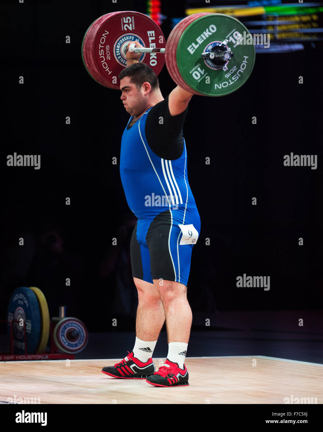 November 26, 2015: Gor Minasyan wins the bronze medal in the Snatch in the Men's 105+ Class at the World Weightlfting Championships in Houston, Texas. Brent Clark/Alamy Live News Stock Photo