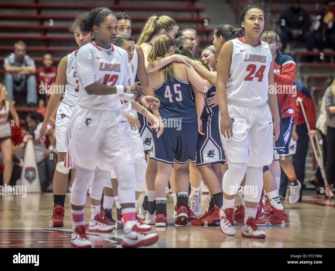 Albuquerque, New Mexico, USA. 28th Nov, 2015. Journal.The Lady Lobos walk off the court in dejection after falling to Duquense 78 TO 69 Saturday afternoon at the Pit. Albuquerque, New Mexico © Roberto E. Rosales/Albuquerque Journal/ZUMA Wire/17�Թ����� Live News Stock Photo