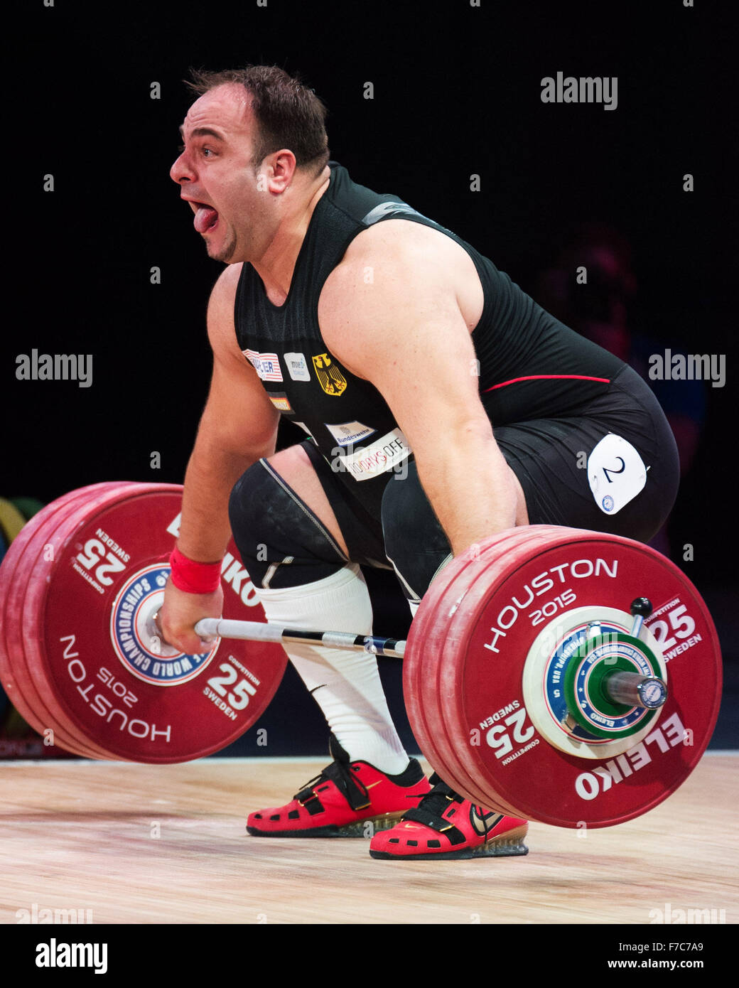 November 26, 2015: Almir Velagic of Germany competes in the snatch in the Men's 105+ Class at the World Weightlfting Championships in Houston, Texas. Brent Clark/Alamy Live News Stock Photo
