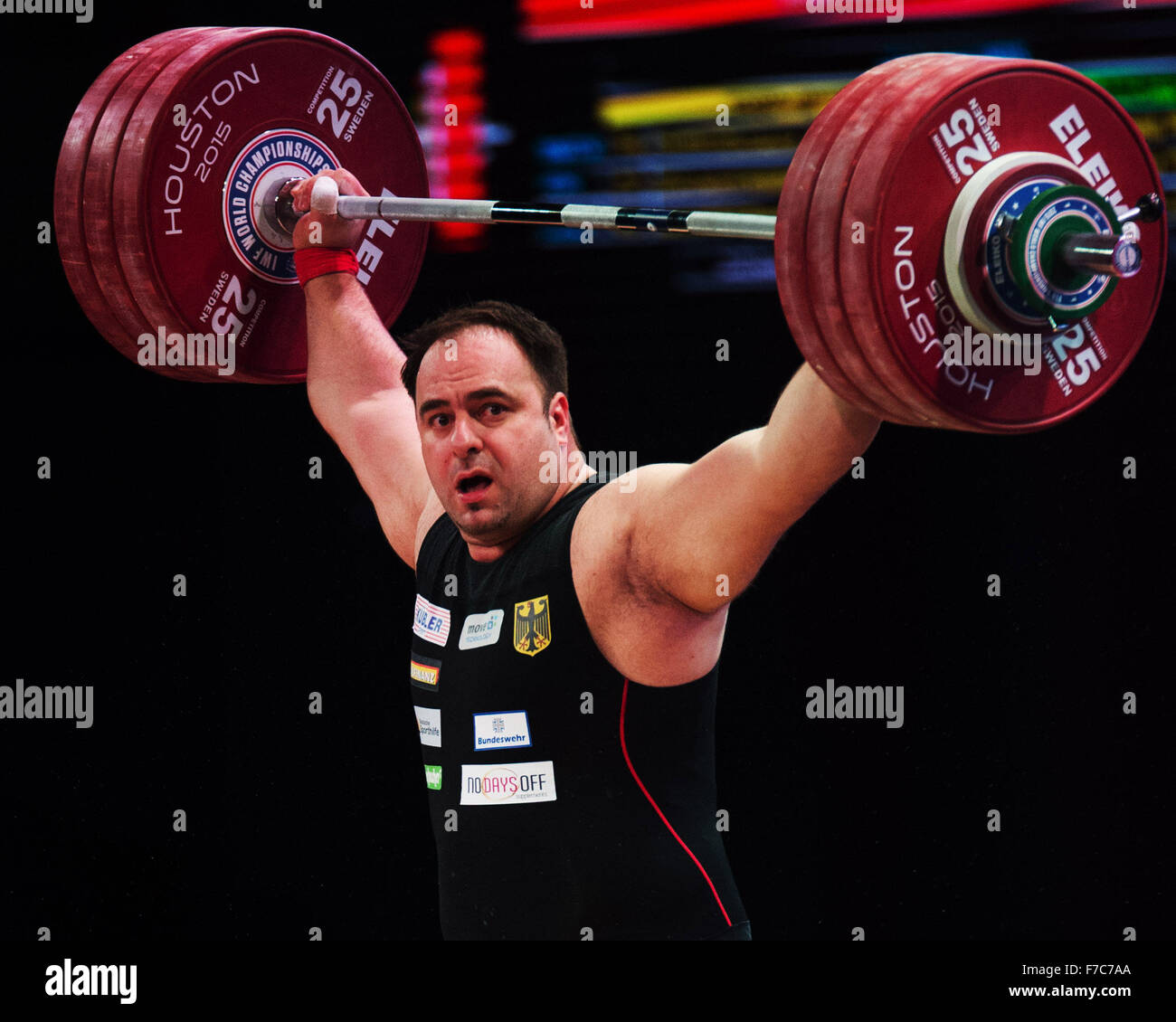 November 26, 2015: Almir Velagic of Germany competes in the snatch in the Men's 105+ Class at the World Weightlfting Championships in Houston, Texas. Brent Clark/Alamy Live News Stock Photo
