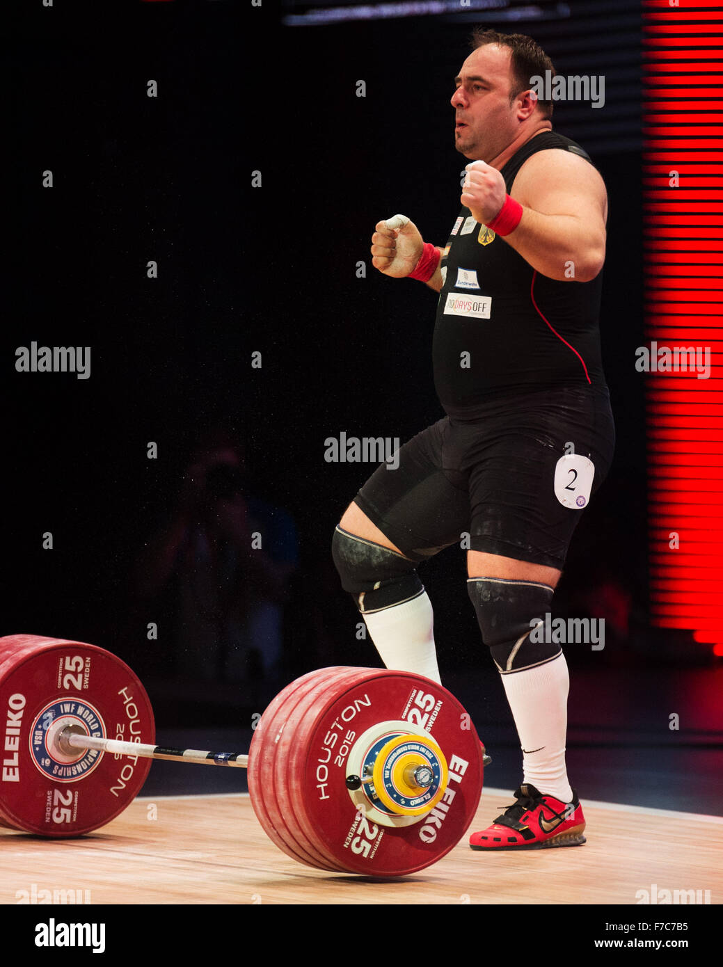 November 26, 2015: Almir Velagic of Germany celebrates a successful 238kg clean and jerk in the Men's 105+ Class at the World Weightlfting Championships in Houston, Texas. Brent Clark/Alamy Live News Stock Photo