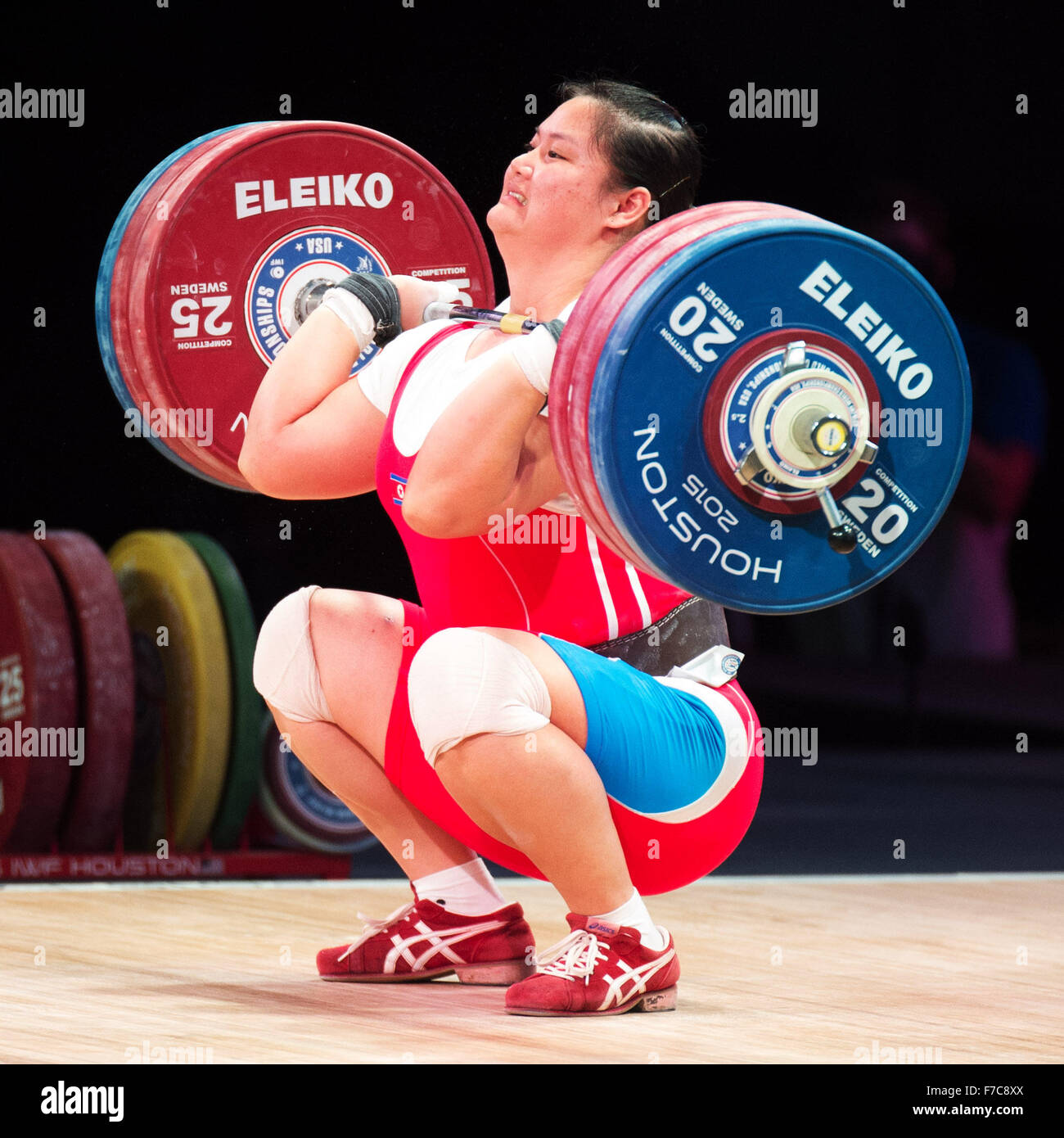 November 26, 2015: Kim Kuk Hyang of North Korea win the bronze medal in the clean and jerk and the total in the Womens 75+ Class at the World Weightlfting Championships in Houston, Texas. Brent Clark/Alamy Live News Stock Photo