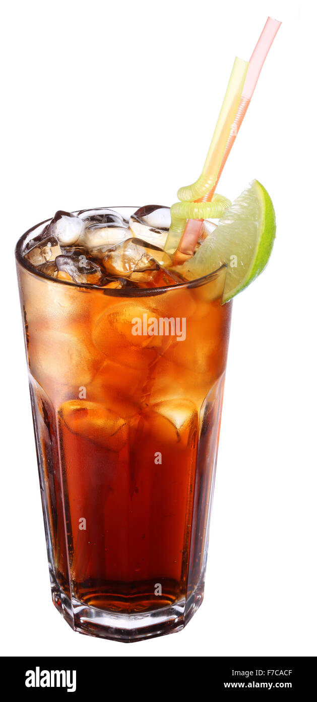 Glass with cold cola and ice cubes. File contains clipping paths. Stock Photo