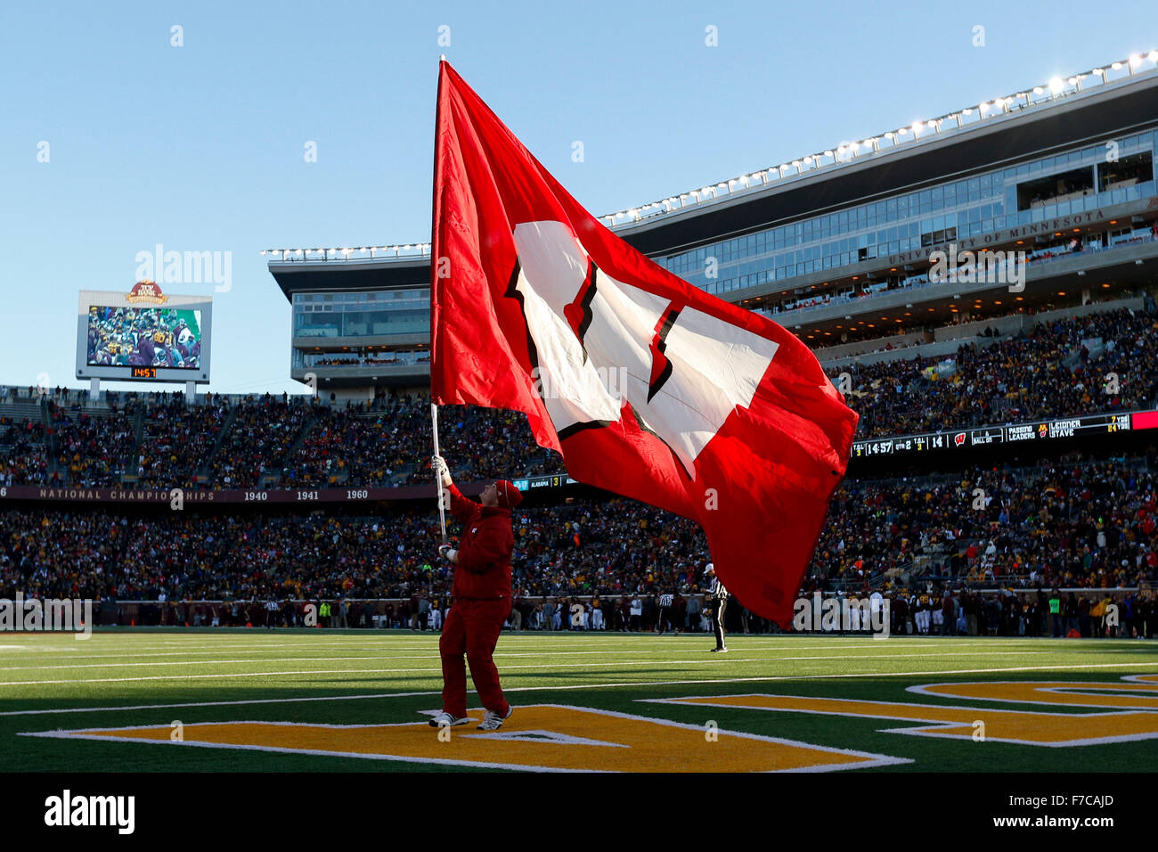 November 28, 2015: Wisconsin Badgers cheerleader waives the Wisconsin flag after a touchdown during the NCAA football game between the Wisconsin Badgers and the Minnesota Golden Gophers at TCF Bank Stadium in Minneapolis, MN Tim Warner/CSM. Stock Photo