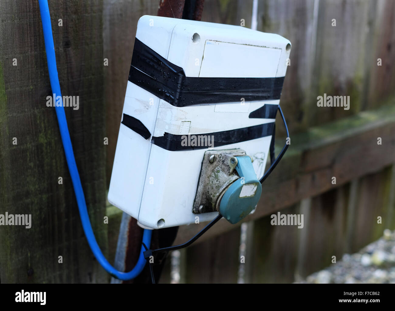 Damaged outdoor electrical supply point. Stock Photo