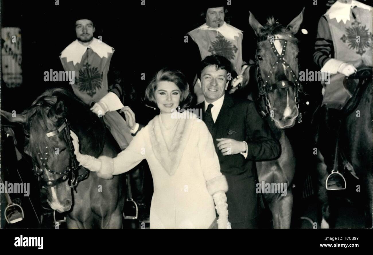 1968 - Musketeers on the Champs Elysees Yesterday night at the Colisee Cinema on the Champs Elysees was the premiere of the latest film by Abel Gance entitled Cyrano and Artagnan with Jose Ferrer as Cyrano and Jean Pierre Cassel as D Artagnan. A whole company of musketeers of the King stood at attention on the avenue while the guests entered the theater. OPS: Actress Sylva Koscina and Jean Pierre Cassel stand among the horses of the musketeers of the King on the Champs-Elysees. © Keystone Pictures USA/ZUMAPRESS.com/Alamy Live News Stock Photo