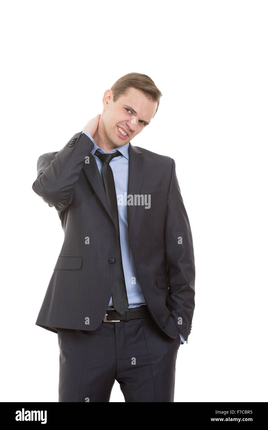 body language. man dressed business suit isolated on white background