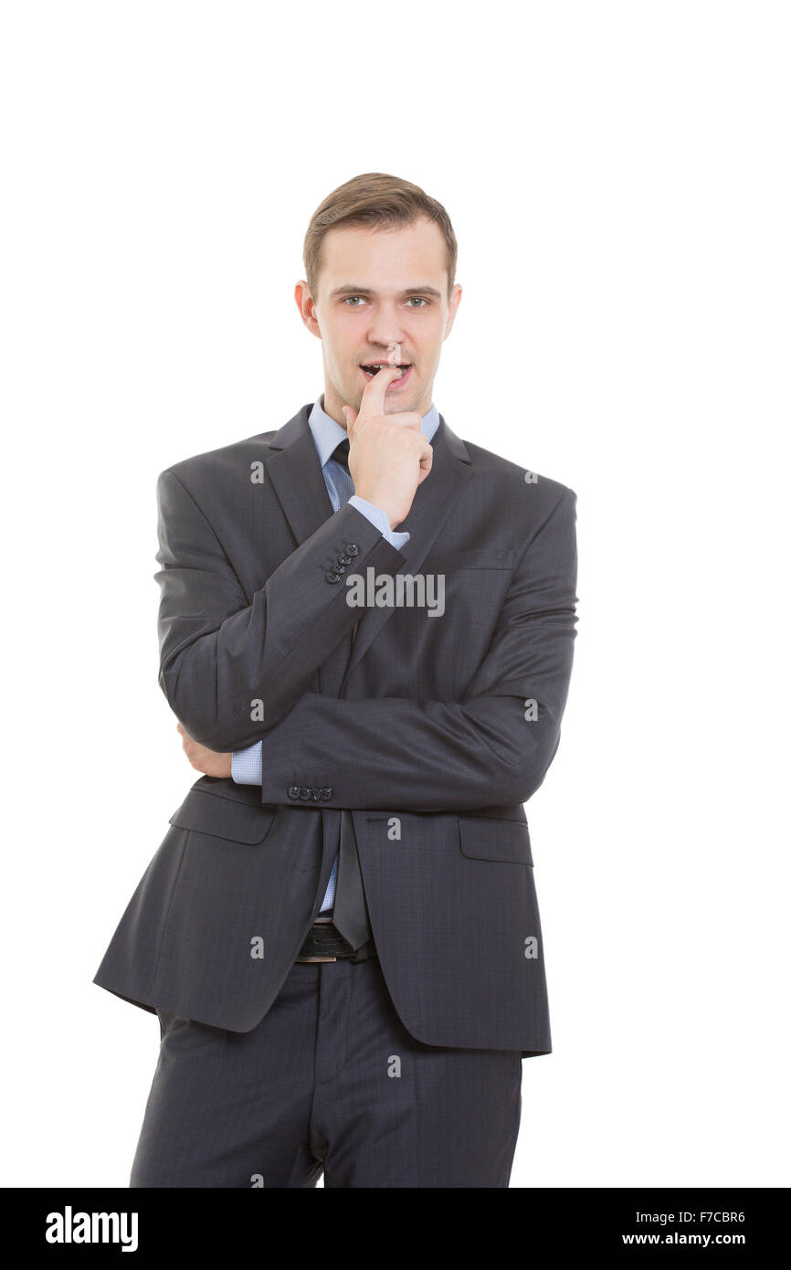 body language. man dressed business suit isolated on white background