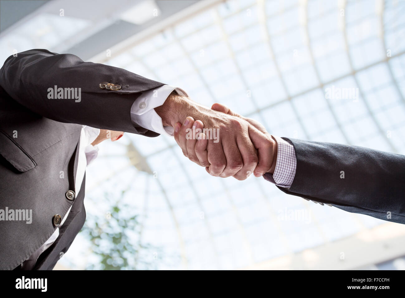 Handshake. Closeup shot of hands. The business center on the background. Stock Photo