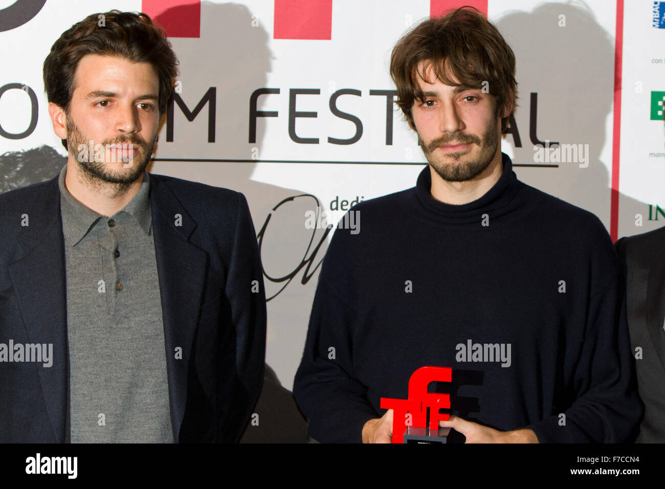 Torino, Italy. 28th November 2015. Film directors Matteo Zoppis (right) and Alessio Rigo de Righi (left) receive award at Torino Film Festival Stock Photo