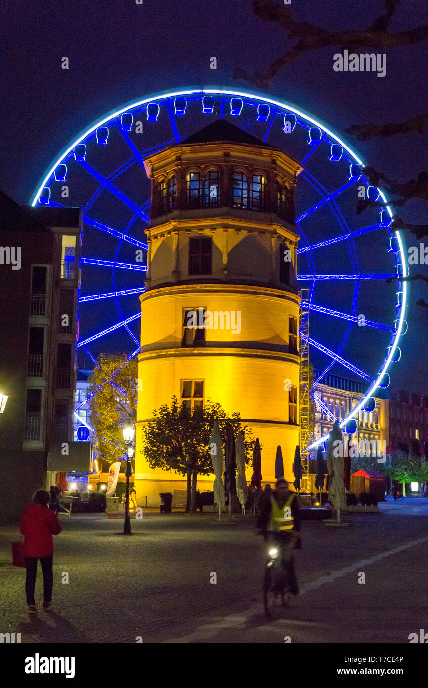 Düsseldorf, Schloßturm, castle tower and ferris wheel in the old town, Stock Photo