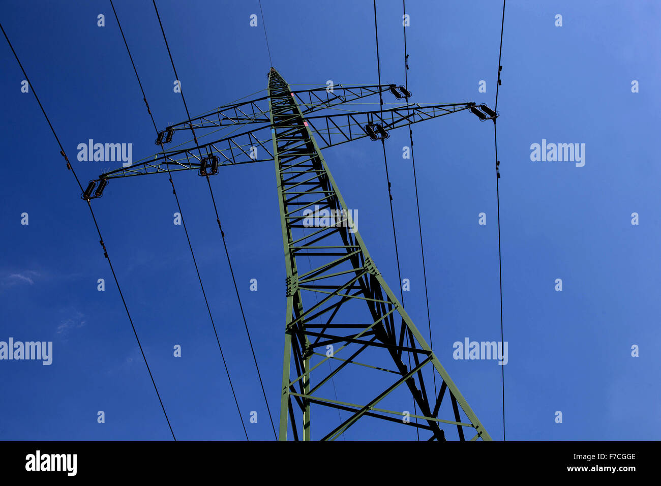 Power lines electricity pylon, Czech Republic wires in sky Stock Photo