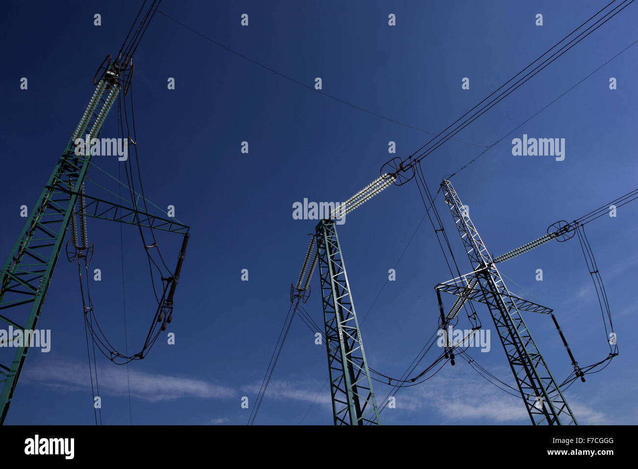 Power lines transmission towers, Czech Republic Stock Photo