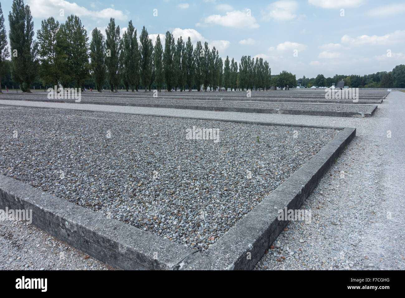 Former site of prisoners' huts in the Dachau concentration camp near Munich, Germany. The site is now a memorial and a museum. Stock Photo