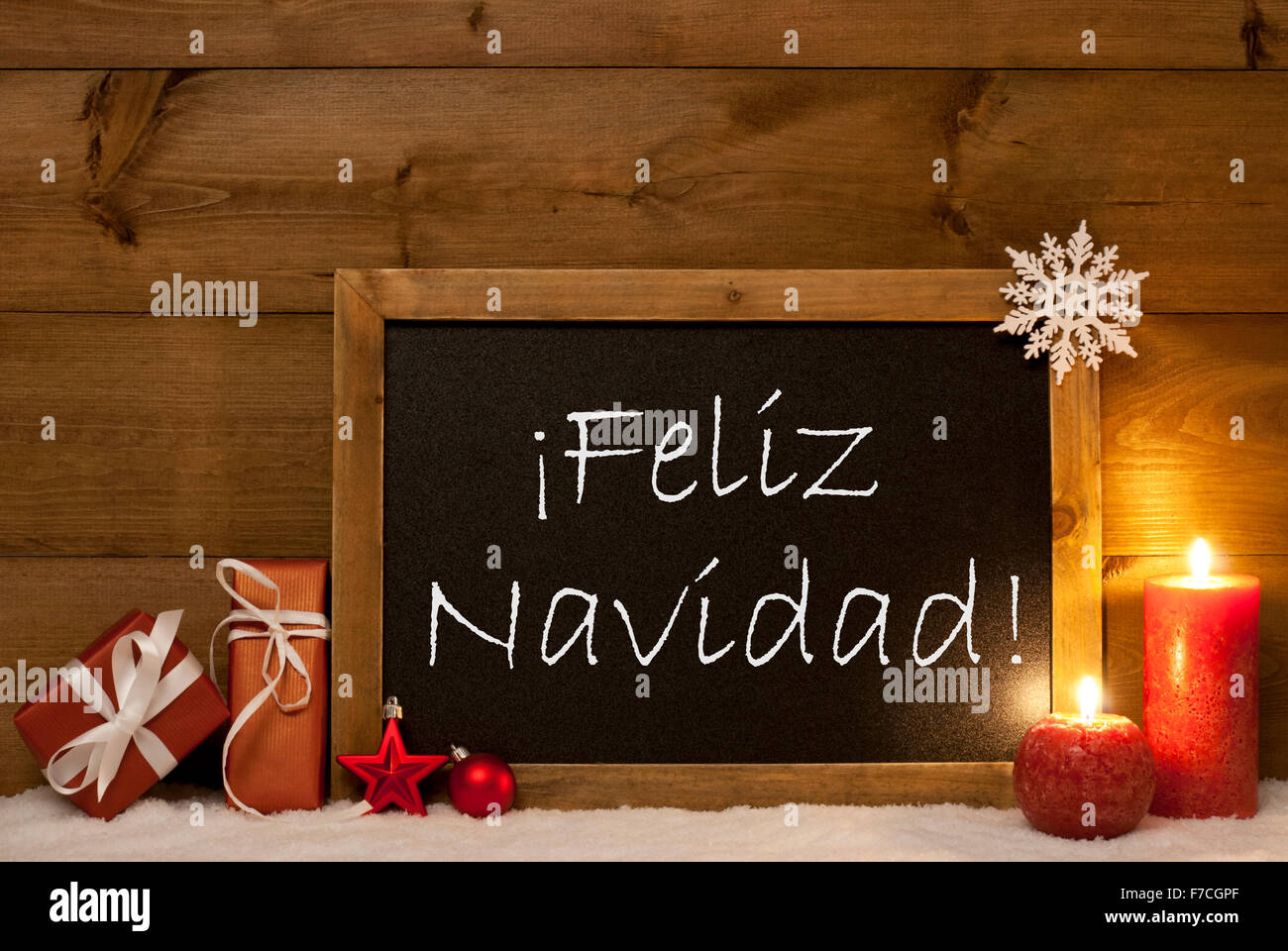 Card, Blackboard, Snow, Feliz Navidad Mean Merry Christmas Stock Photo