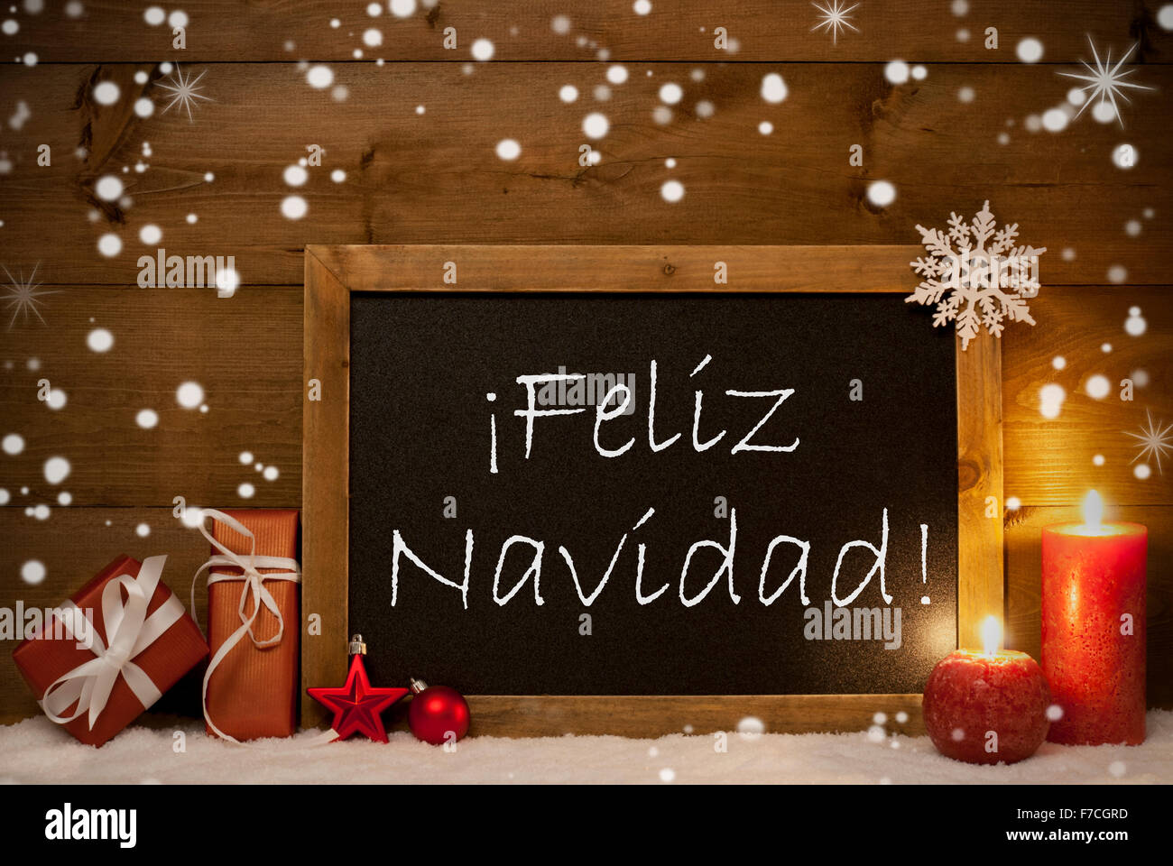 Card, Blackboard, Snowflakes, Feliz Navidad Mean Merry Christmas Stock Photo