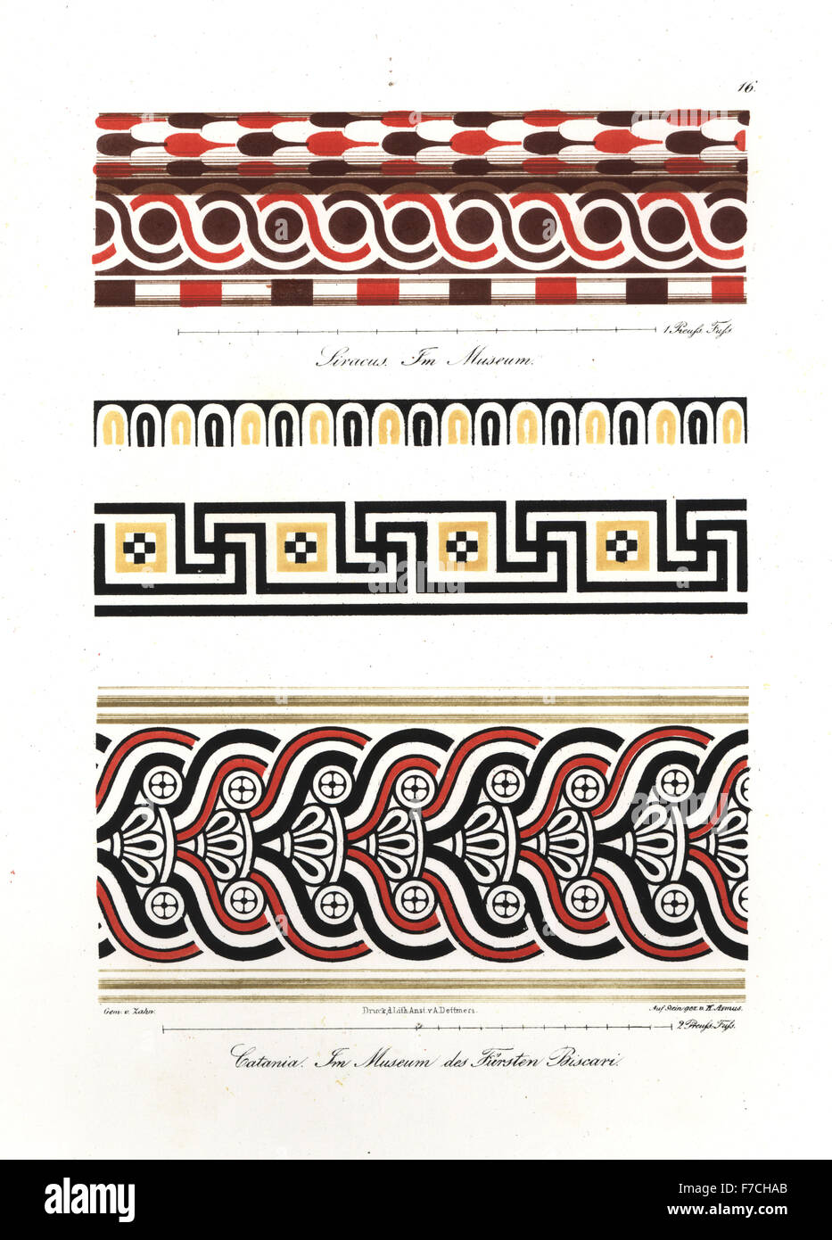 Wall paintings from Museo Biscari, Catania, and cornice from Syracuse Museum, Italy, 17th century. Handcoloured lithograph by Berth after an illustration by Wilhelm Zahn from his Ornament of All Classical Art Eras, Ornamente aller klassischen Kunst-Epochen, Reimer, Berlin, 1832. Stock Photo