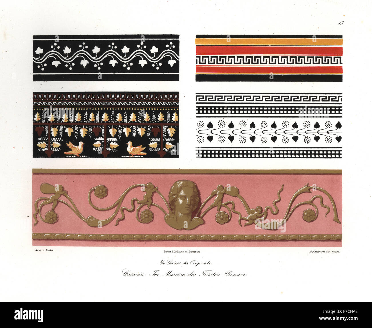 Wall paintings from the Museo Biscari, Catania, Italy, 17th century. Handcoloured lithograph by H. Asmus after an illustration by Wilhelm Zahn from his Ornament of All Classical Art Eras, Ornamente aller klassischen Kunst-Epochen, Reimer, Berlin, 1832. Stock Photo