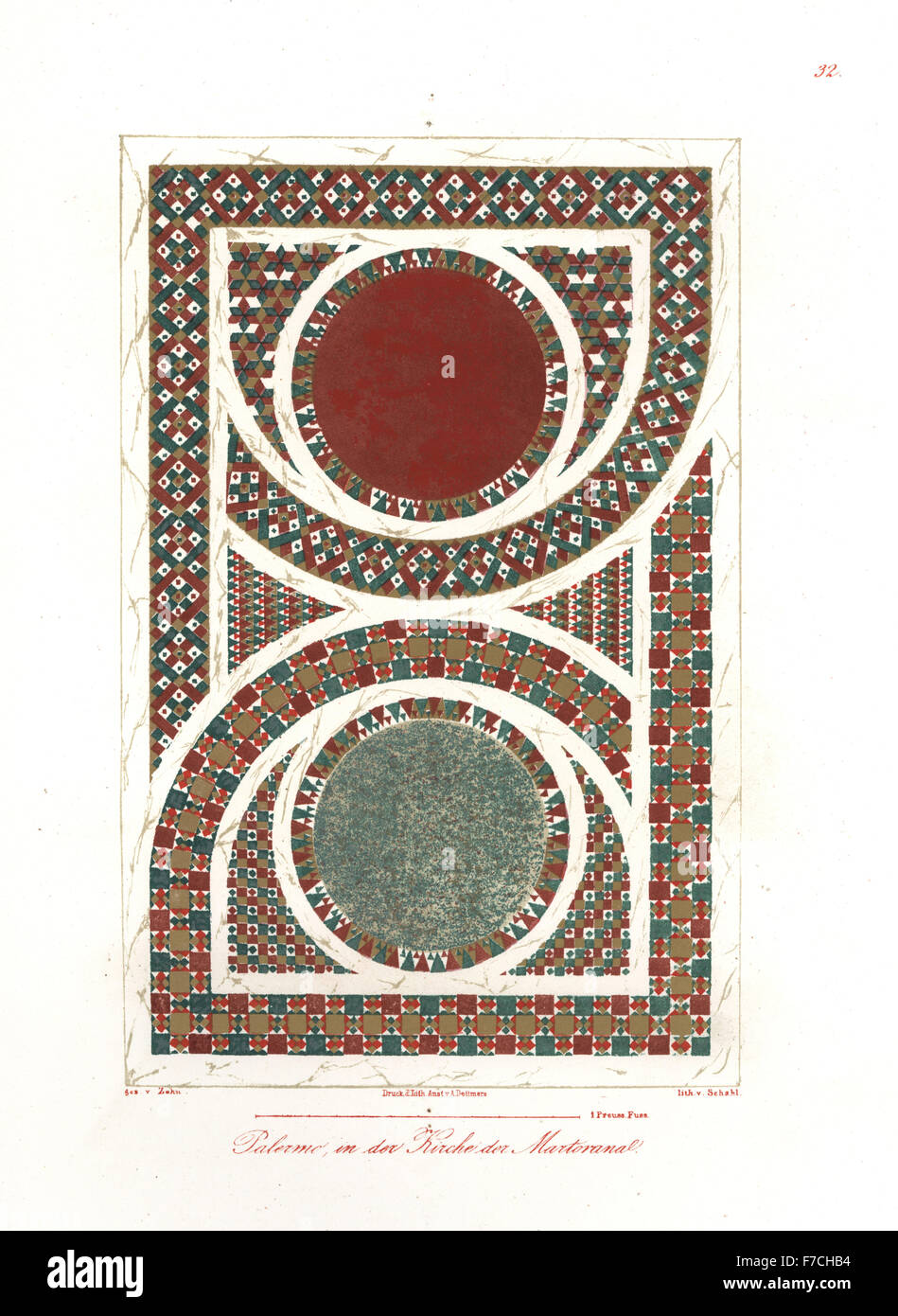 Mosaics from the Chiesa della Martorana, Palermo, Sicily. Handcoloured lithograph by Schahl after an illustration by Wilhelm Zahn from his Ornament of All Classical Art Eras, Ornamente aller klassischen Kunst-Epochen, Reimer, Berlin, 1834. Stock Photo