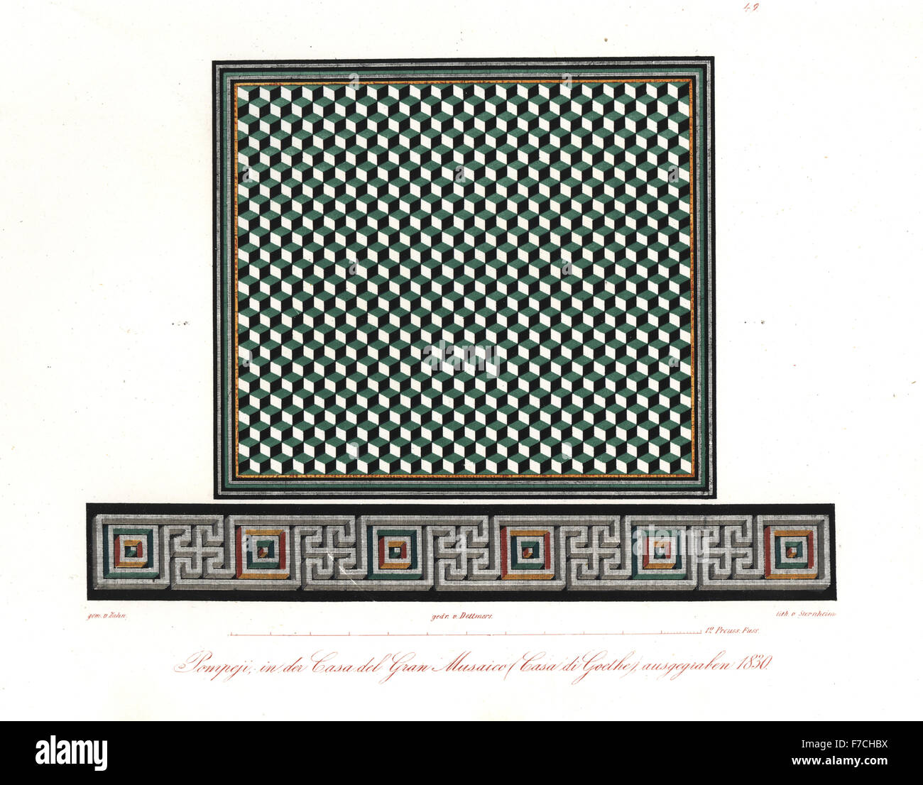 Mosaics from the House of the Faun, Casa del Fauno, Pompeii, excavated 1830. Also known as the house of the Alexander mosaic or the Casa di Goethe. Handcoloured lithograph by Sternheim after an illustration by Wilhelm Zahn from his Ornament of All Classical Art Eras, Ornamente aller klassischen Kunst-Epochen, Reimer, Berlin, 1834. Stock Photo
