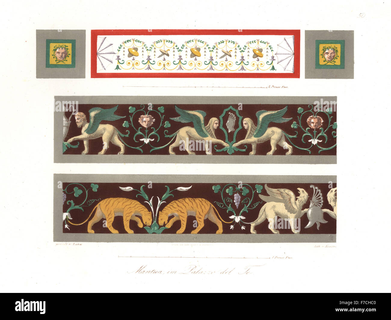 Wall paintings of monsters, masks, tigers, winged creatures and chimera from the Palazzo del Te, Mantua. Handcoloured lithograph by Konter after an illustration by Wilhelm Zahn from his Ornament of All Classical Art Eras, Ornamente aller klassischen Kunst-Epochen, Reimer, Berlin, 1834. Stock Photo