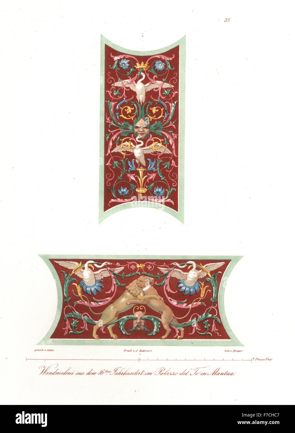 Wall paintings of swans, lions, foliage and masks from the Palazzo del Te, Mantua, Italy, 16th century. Handcoloured lithograph by Konter after an illustration by Wilhelm Zahn from his Ornament of All Classical Art Eras, Ornamente aller klassischen Kunst-Epochen, Reimer, Berlin, 1834. Stock Photo