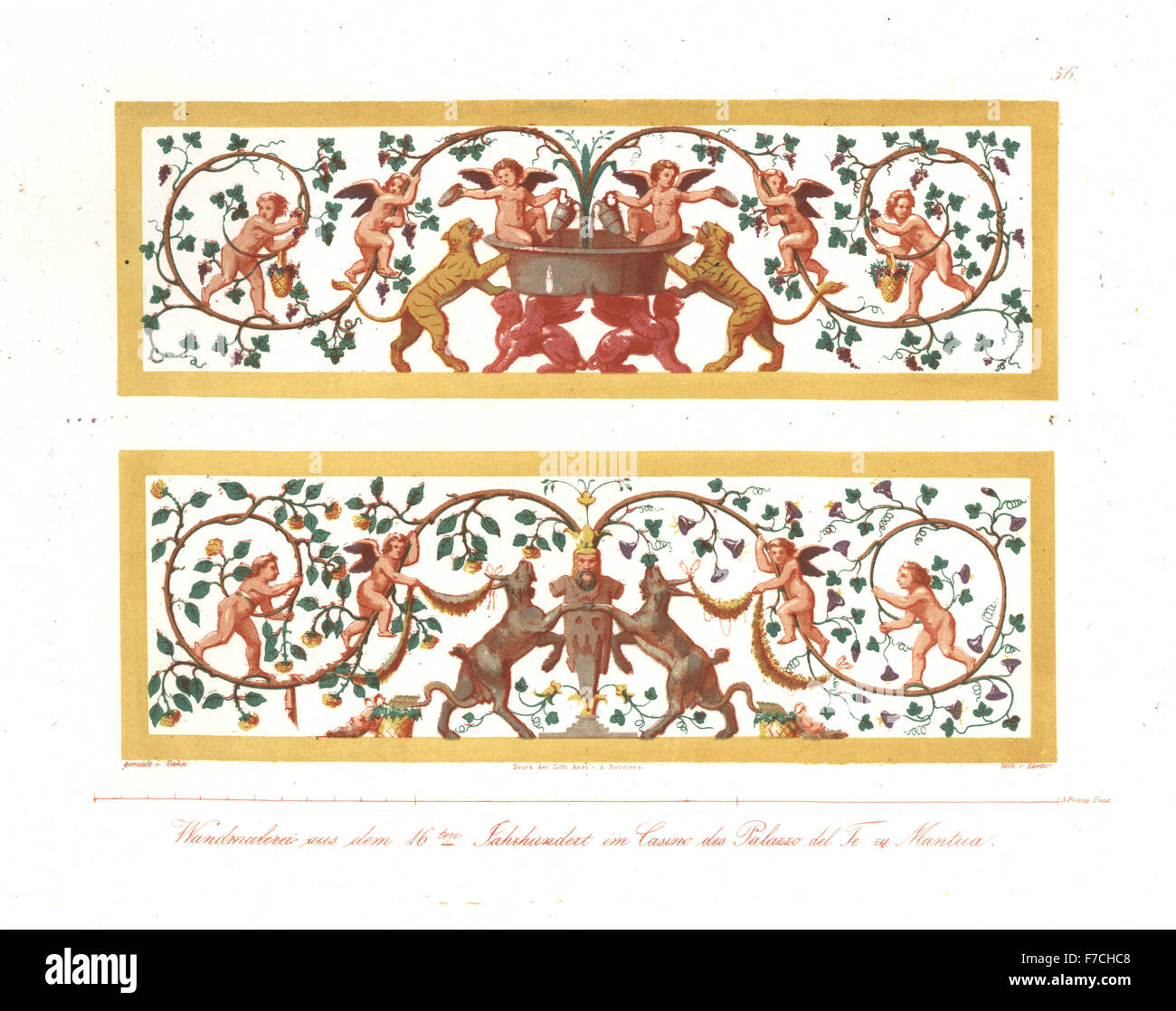 Wall paintings of cupids, tigers, goats, grapes and roses from the Casino, Palazzo del Te, Mantua, Italy, 16th century. Handcoloured lithograph by Konter after an illustration by Wilhelm Zahn from his Ornament of All Classical Art Eras, Ornamente aller klassischen Kunst-Epochen, Reimer, Berlin, 1834. Stock Photo