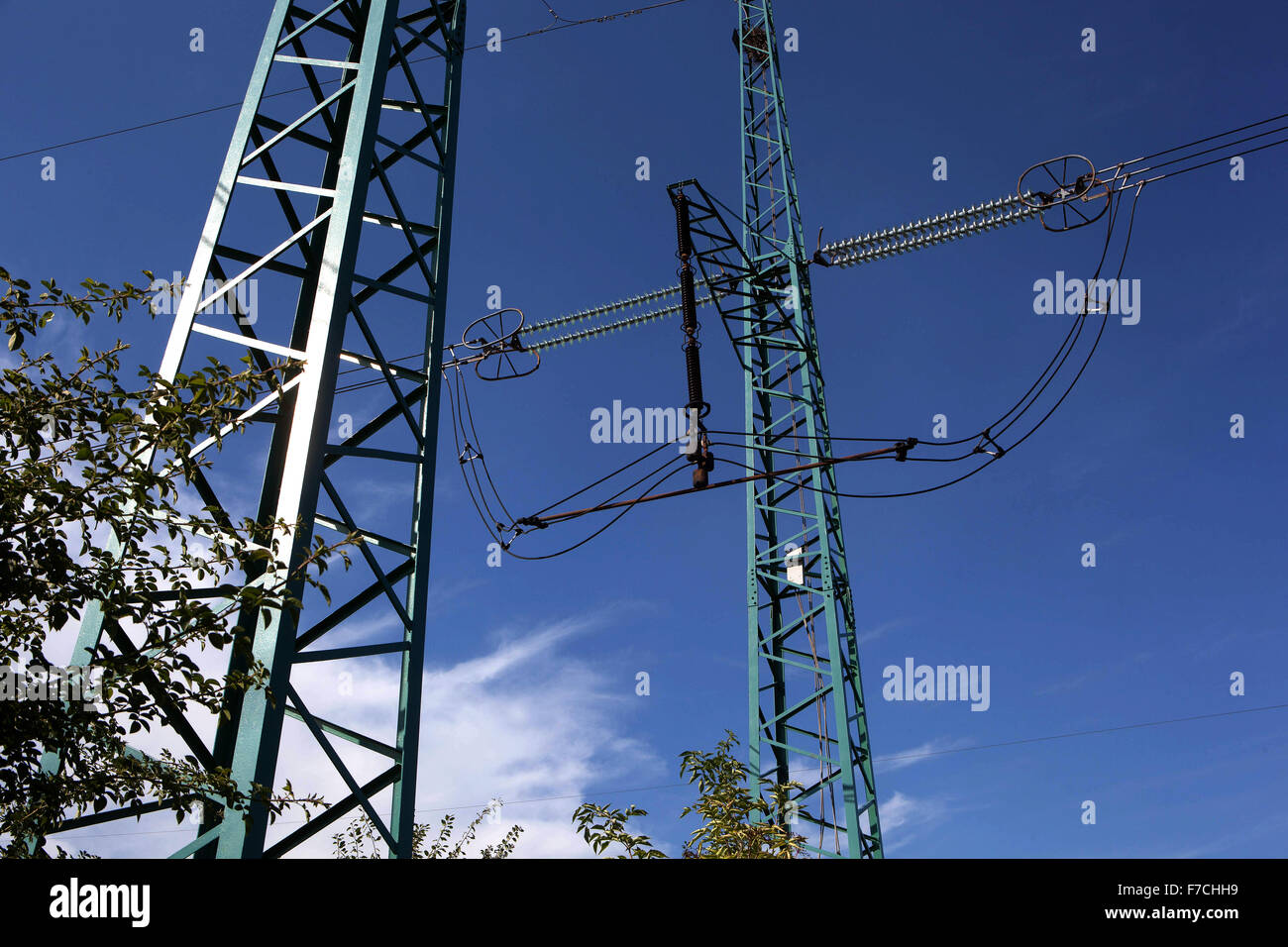 Power lines transmission line, Czech Republic wires blue sky Stock Photo